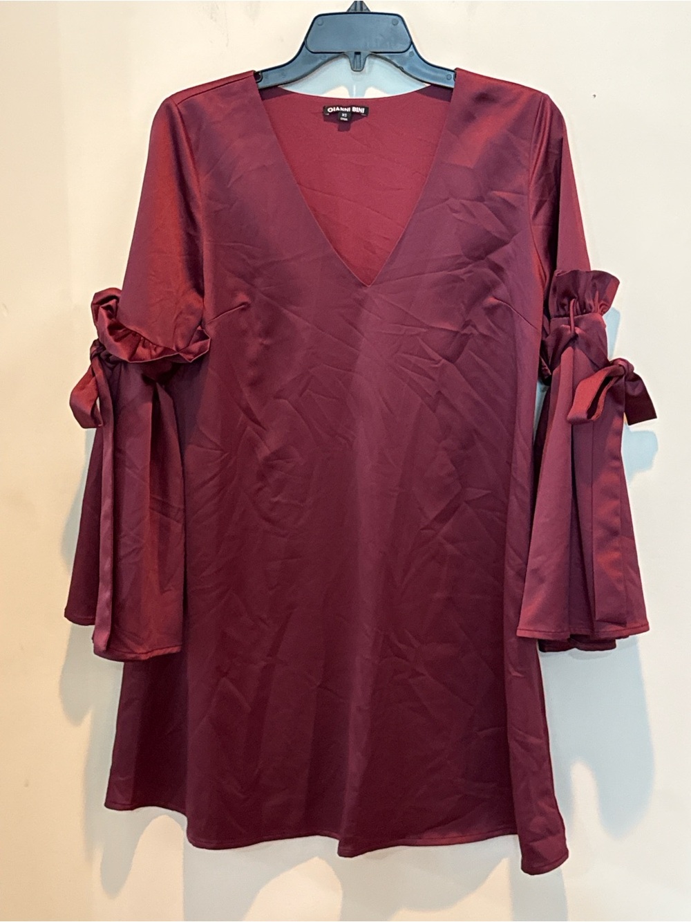Gianni Bini Burgundy V-Neck Bell Sleeve Dress with Tie Details